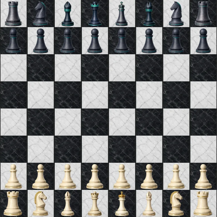 Klassisches Schachbrett in Gambit Rise mit hell- und dunkelgeschnitzten Figuren in Startaufstellung
